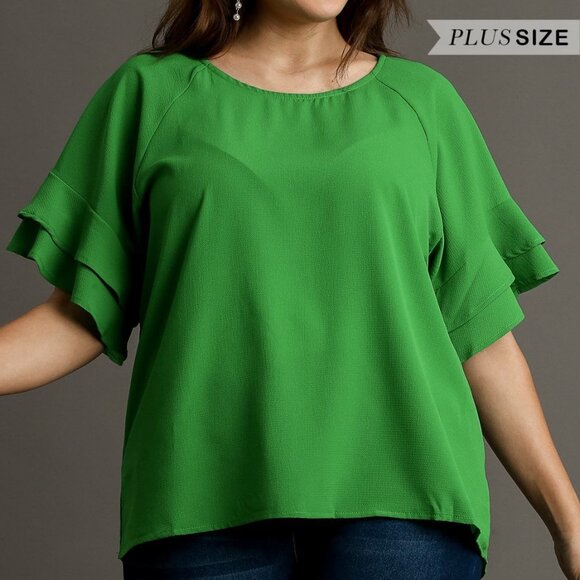 Layered Ruffle Sleeve Top / Blouse - Boxy Cut - Wide Round Neck - Grass Green - Picture 1 of 10